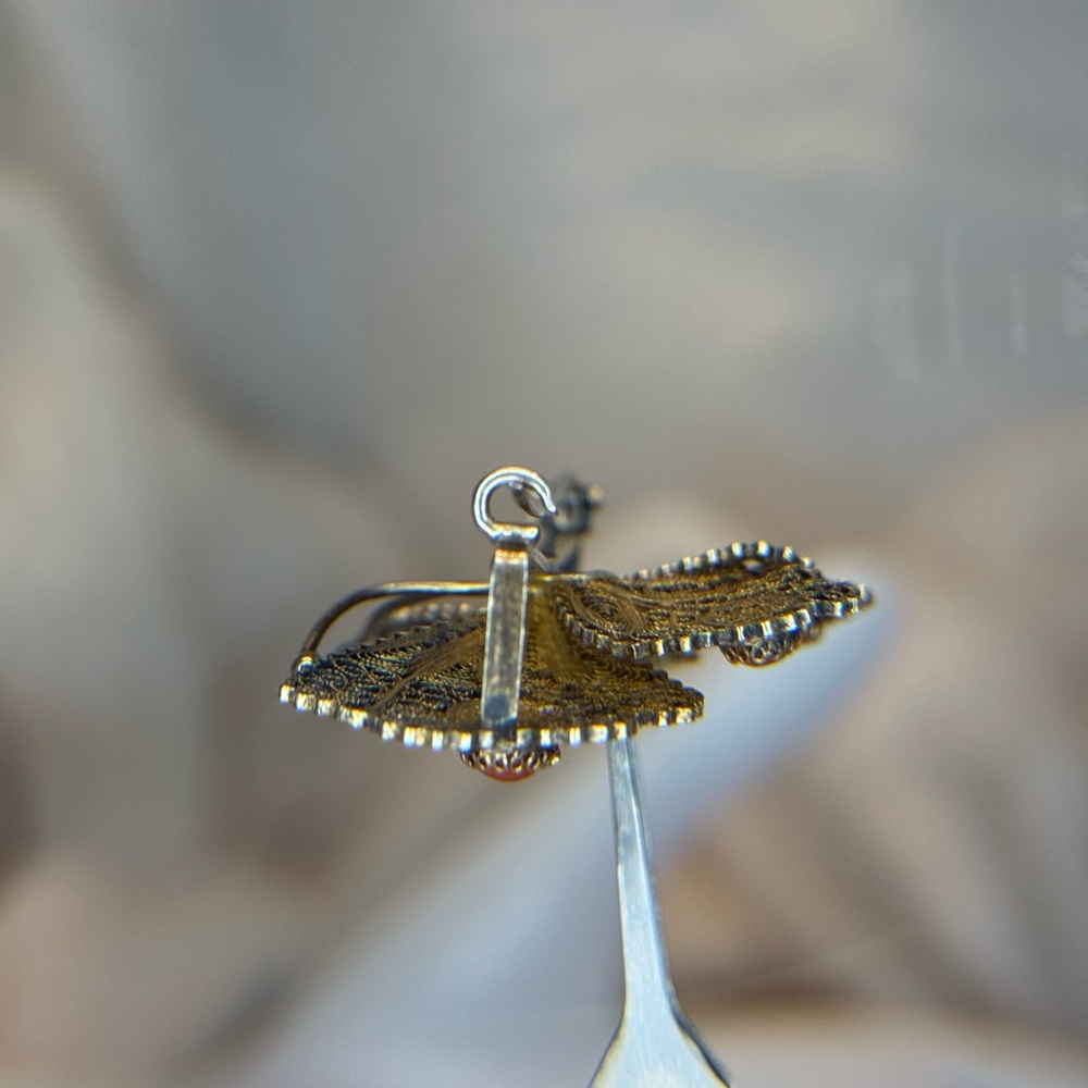 Antique Signed Sterling Silver 800 Filigree Butterfly Coral/Carnelian Brooch EUC - Picture 8 of 16